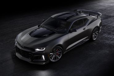Overhead front 3/4 view of 2024 Chevrolet Camaro ZL1 Collector’s Edition in Panther Black Matte. Preproduction model shown. Actual production model may vary. Available late summer 2023.