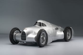 Audi recreated the Auto Union Lucca. After just over three years of construction, the record-breaking car was completed in early 2026. Studio shot of the Avus configuration of the car. Side view.