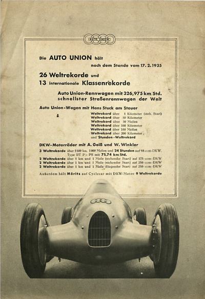 At almost the same time as the successful record attempt in Lucca, a virtually identical version of the record-breaking car is displayed at the International Motor Show in Berlin (February 14 to 24). The promotional poster created for the trade show features – alongside a list of all world and class records achieved by Auto Union brands to date – the Lucca car as the “fastest road racing car in the world,” citing the top speed of 326.975 km/h.