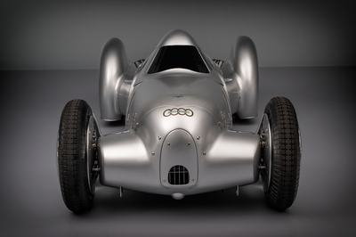 Audi recreated the Auto Union Lucca. After just over three years of construction, the record-breaking car was completed in early 2026. Studio shot. Front view.