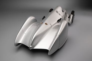 Audi recreated the Auto Union Lucca. After just over three years of construction, the record-breaking car was completed in early 2026. Studio shot. Rear view.
