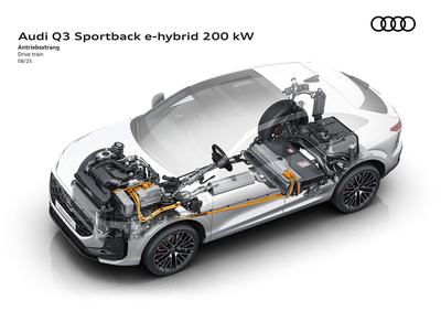 The illustration shows the design of the quattro drivetrain in the Audi Q3 Sportback e-hybrid 200 kW