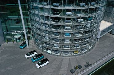 DRESDEN, GERMANY - JUNE 08: In this aerial view Volkswagen ID.3 electric cars stand in the storage tower following assembly at the "Gläserne Manufaktur" ("Glass Manufactory") production facility on June 08, 2021 in Dresden, Germany. The Dresden plant is currently churning out 35 ID.3 cars per day. The ID.3 and ID.4 cars are also produced at VW's Zwickau plat located in the same region.  (Photo by Sean Gallup/Getty Images)