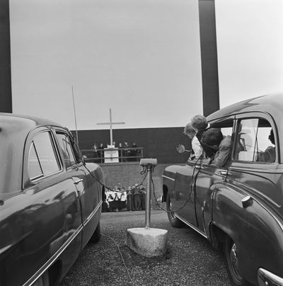 Church service held at an drive-in movie theater, with the altar erected before the screen and congregation in their cars, in Los Angeles, California, circa 1955. (Photo by Archive Photos/Getty Images)