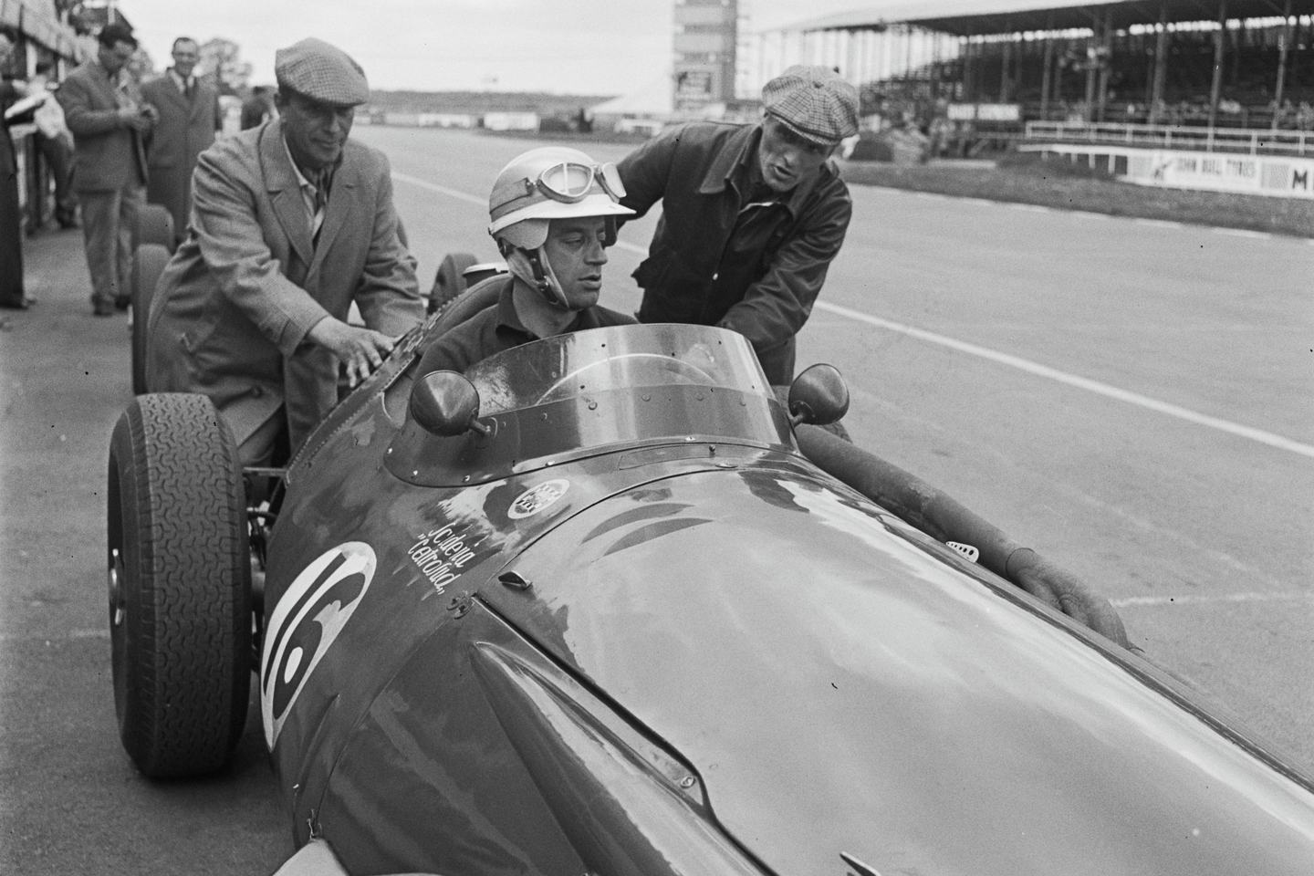 Brazilian racing driver Hermano da Silva Ramos, seated in his Maserati 250F with the number 17, is given a push at the 11th BRDC International Trophy race at Silverstone circuit in Northamptonshire, February 5th 1959. (Photo by Evening Standard/Hulton Archive/Getty Images)