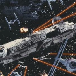 Star Wars: Episode IV - A New Hope' the Death Star , Millenium Falcon and Starfighter in battle from the 1977 George Lucas movie. (Photo by Screen Archives/Getty Images)