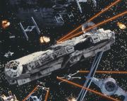 Star Wars: Episode IV - A New Hope' the Death Star , Millenium Falcon and Starfighter in battle from the 1977 George Lucas movie. (Photo by Screen Archives/Getty Images)