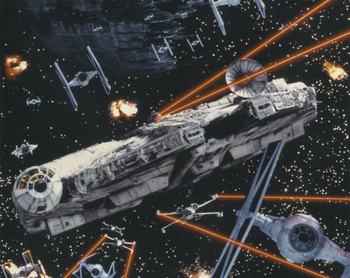 Star Wars: Episode IV - A New Hope' the Death Star , Millenium Falcon and Starfighter in battle from the 1977 George Lucas movie. (Photo by Screen Archives/Getty Images)