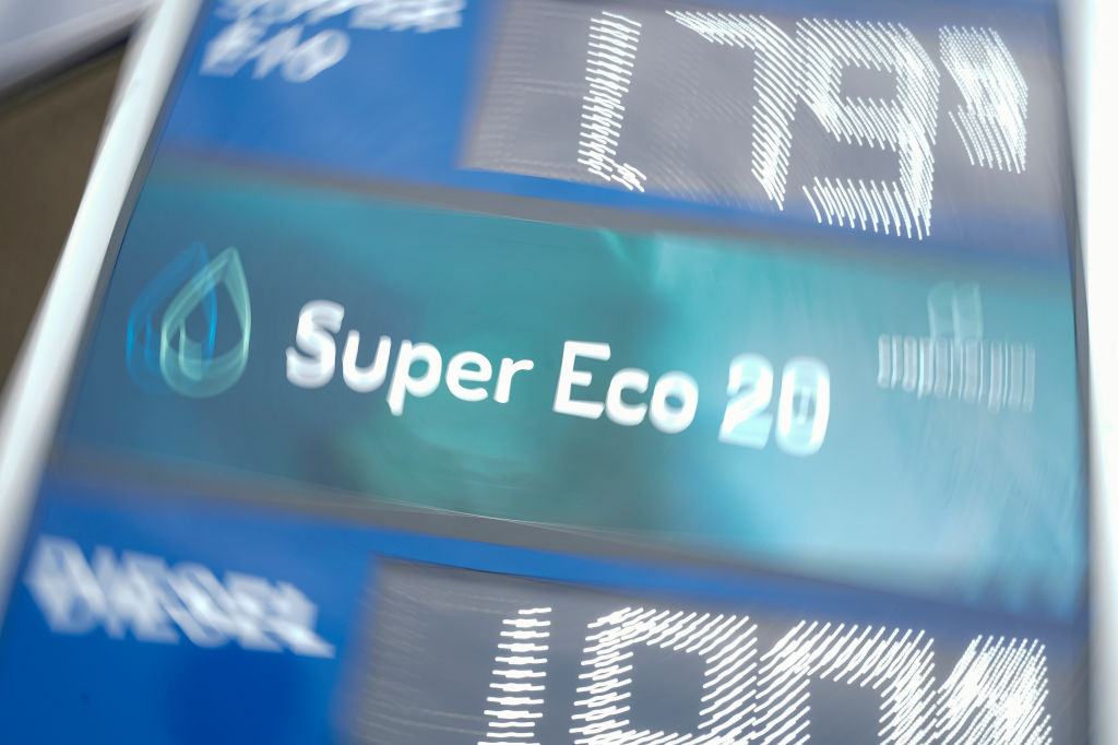 17 October 2023, Baden-Württemberg, Mannheim: The lettering "Super Eco 20" is on the price board of a filling station (shot with rotating effect). The Mannheim-based ethanol producer CropEnergies, together with Oktan Tankstellen GmbH and other partners, opens the first public filling station with Super E20 in Germany. However, the E20 pump is only accessible to certain company fleets, not to the general public. Photo: Uwe Anspach/dpa (Photo by Uwe Anspach/picture alliance via Getty Images)