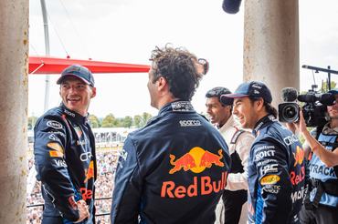CHICHESTER, ENGLAND - JULY 14: Max Verstappen of the Netherlands and Oracle Red Bull Racing, Daniel Ricciardo of Australia and Oracle Red Bull Racing and Sergio Perez of Mexico and Oracle Red Bull Racing are interviewed by Karun Chandock, Former F1 driver during day 4 of the Goodwood Festival of Speed at Goodwood on July 14, 2024 in Chichester, England. (Photo by James Bearne/Getty Images)