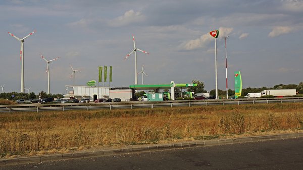 Budapest, Hungary - July 12, 2015: Green Restaurant Marche at Mol Fueling Station Summer Day Travel.