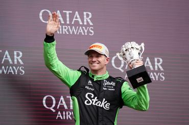 Kick Sauber driver Nico Hulkenberg celebrates with the lego trophy on the podium after finishing third in the British Grand Prix at Silverstone Circuit, Northamptonshire. Picture date: Sunday July 6, 2025. (Photo by Bradley Collyer/PA Images via Getty Images)