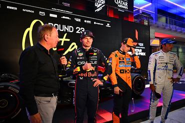 LUSAIL CITY, QATAR - NOVEMBER 30: Martin Brundle, Sky Sports F1 interviews Race winner Max Verstappen of the Netherlands and Oracle Red Bull Racing Second placed Oscar Piastri of Australia and McLaren and Third placed Carlos Sainz of Spain and Williams in parc ferme during the F1 Grand Prix of Qatar at Lusail International Circuit on November 30, 2025 in Lusail City, Qatar. (Photo by Mark Sutton - Formula 1/Formula 1 via Getty Images)