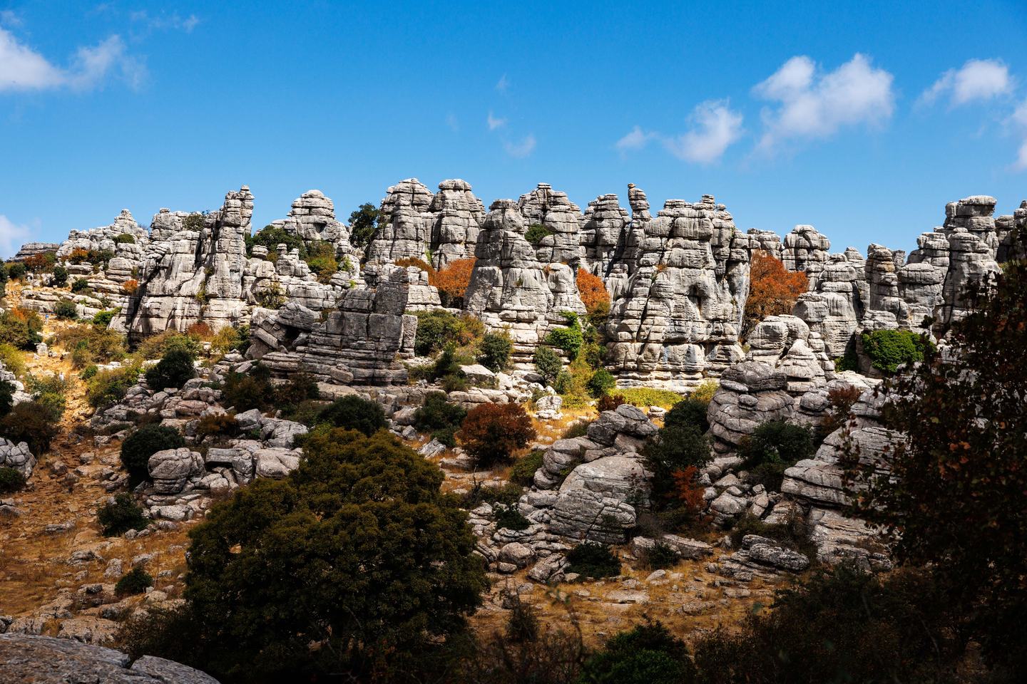 25 September 2025, Spain, Antequera: The "Paraje Natural Torcal de Antequera" nature park near Antequera (province of Malaga, Andalusia, Spain). The spectacular natural park is known for its bizarre karst rocks, which have been formed from limestone by millions of years of erosion and are often reminiscent of sculptures. As a UNESCO World Heritage Site, it offers unique hiking trails, a rich flora and fauna and is an important protected area for geology and biodiversity. (landscape, nature, excursion destination, symbol image, symbol photo, theme image, general image, theme photo) Photo: Matthias Balk/dpa (Photo by Matthias Balk/picture alliance via Getty Images)
