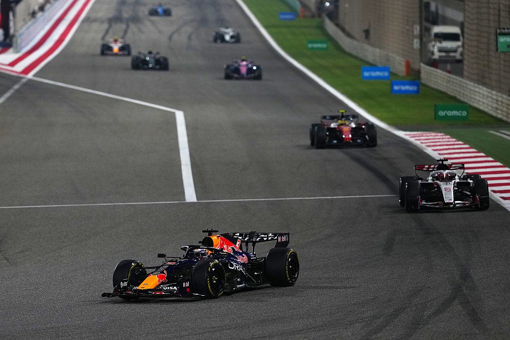 BAHRAIN, BAHRAIN - FEBRUARY 19: Max Verstappen of the Netherlands driving the (3) Oracle Red Bull Racing RB22 Red Bull Ford leads  during day two of F1 Testing at Bahrain International Circuit on February 19, 2026 in Bahrain, Bahrain. (Photo by Sona Maleterova/Getty Images)