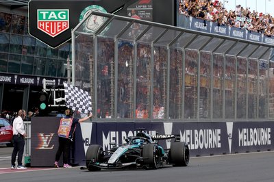 MELBOURNE, AUSTRALIA - MARCH 08: Race winner George Russell of Great Britain driving the (63) Mercedes AMG Petronas F1 Team W17 takes the chequered flag during the F1 Grand Prix of Australia at Albert Park Grand Prix Circuit on March 08, 2026 in Melbourne, Australia. (Photo by Dom Gibbons - Formula 1/Formula 1 via Getty Images)