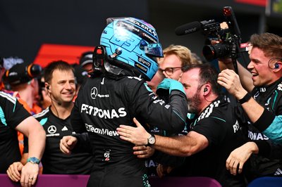 MELBOURNE, AUSTRALIA - MARCH 08: Race winner George Russell of Great Britain and Mercedes AMG Petronas F1 Team celebrates in parc ferme during the F1 Grand Prix of Australia at Albert Park Grand Prix Circuit on March 08, 2026 in Melbourne, Australia. (Photo by Quinn Rooney/Getty Images)