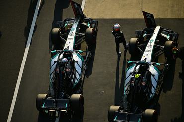 SHANGHAI, CHINA - MARCH 13: Pole position qualifier George Russell of Great Britain and Mercedes AMG Petronas F1 Team and Second placed qualifier Andrea Kimi Antonelli of Italy and Mercedes AMG Petronas F1 Team arrive in parc ferme during Sprint qualifying ahead of the F1 Grand Prix of China at Shanghai International Circuit on March 13, 2026 in Shanghai, China. (Photo by James Sutton/LAT Images)