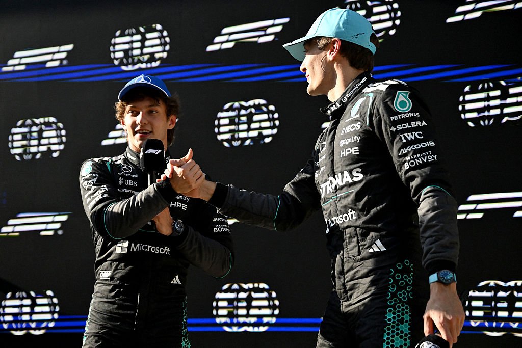 SHANGHAI, CHINA - MARCH 14: Pole position qualifier Andrea Kimi Antonelli of Italy and Mercedes AMG Petronas F1 Team and Second placed qualifier George Russell of Great Britain and Mercedes AMG Petronas F1 Team congratulate each other in parc ferme during qualifying ahead of the F1 Grand Prix of China at Shanghai International Circuit on March 14, 2026 in Shanghai, China. (Photo by Mark Sutton - Formula 1/Formula 1 via Getty Images)