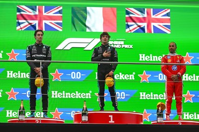 SHANGHAI, CHINA - MARCH 15: Race winner Andrea Kimi Antonelli of Italy and Mercedes AMG Petronas F1 Team Second placed George Russell of Great Britain and Mercedes AMG Petronas F1 Team and Third placed Lewis Hamilton of Great Britain and Scuderia Ferrari on the podium during the F1 Grand Prix of China at Shanghai International Circuit on March 15, 2026 in Shanghai, China. (Photo by Rudy Carezzevoli/Getty Images)