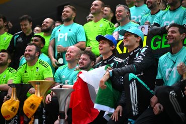 SHANGHAI, CHINA - MARCH 15: Race winner Andrea Kimi Antonelli of Italy and Mercedes AMG Petronas F1 Team Second placed George Russell of Great Britain and Mercedes AMG Petronas F1 Team and the Mercedes AMG Petronas F1 Team celebrates during the F1 Grand Prix of China at Shanghai International Circuit on March 15, 2026 in Shanghai, China. (Photo by Rudy Carezzevoli/Getty Images)
