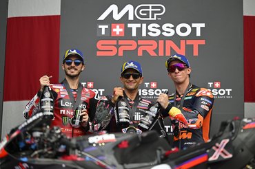 AUSTIN, TEXAS - MARCH 28: Francesco Bagnaia of Italy riding the Lenovo Ducati (63), Jorge Martin of Spain riding the Aprilia Racing bike (89) and Pedro Acosta of Spain riding the Red Bull KTM Factory Racing bike (37) on the podium during the Sprint ahead of the MotoGP of  United States at Circuit of The Americas on March 28, 2026 in Austin, Texas. (Photo by Gold & Goose Photography/Getty Images)