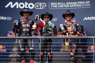 AUSTIN, TEXAS - MARCH 29: Marco Bezzecchi of Italy and Aprilia Racing (1st), Jorge Martin of Spain and Aprilia Racing (2nd) and Pedro Acosta of Spain and Red Bull KTM Factory Racing (3rd) on the podiu during the race of the MotoGP Red Bull Gand Prix of the United Statesat Circuit of The Americas on March 29, 2026 in Austin, Texas. (Photo by Steve Wobser/Getty Images)