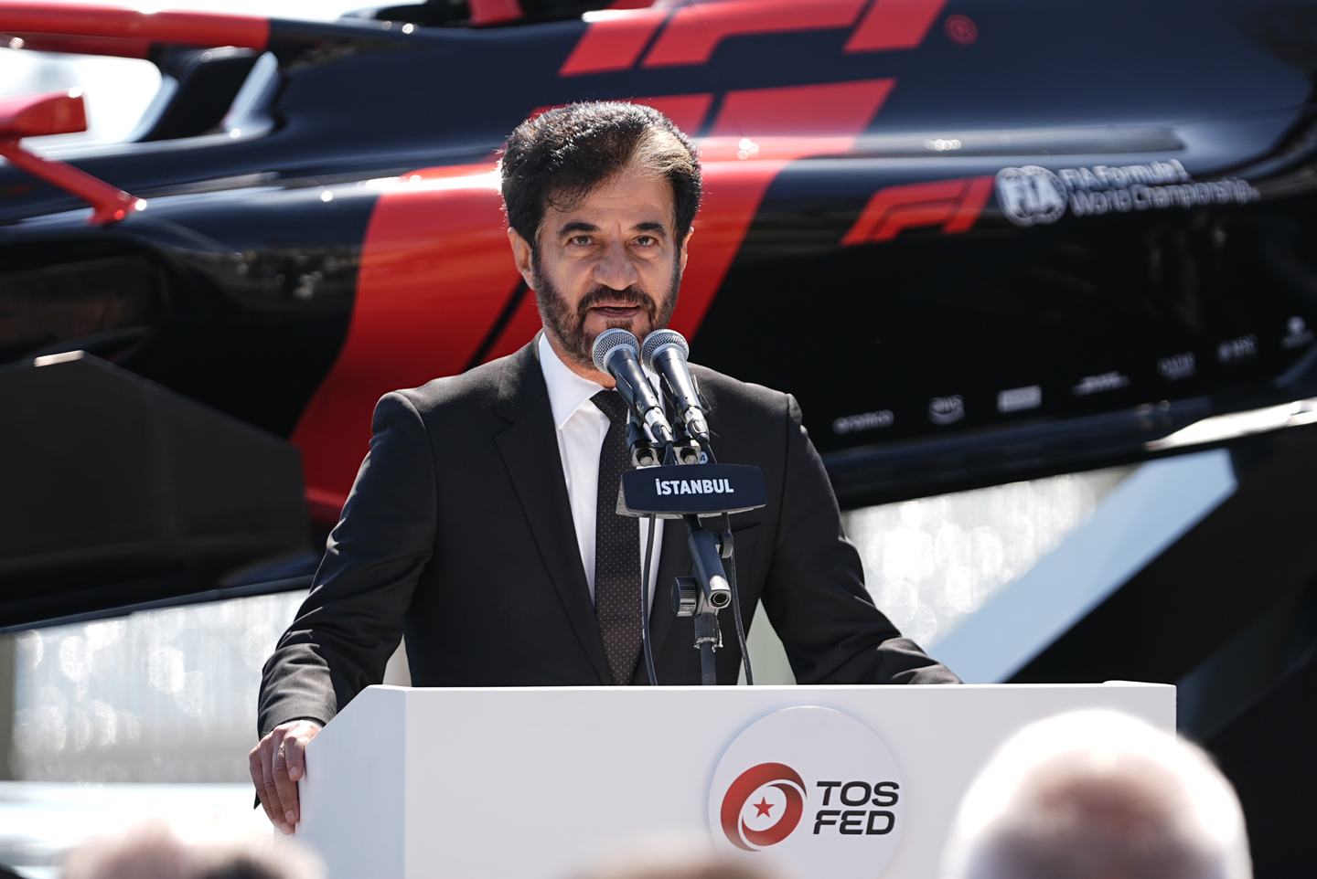 ISTANBUL, TURKIYE - APRIL 24: Fedaration Internationale de l'Automobile (FIA) Mohammed Ben Sulayem makes a speech as he attends the launch of Formula 1 Grand Prix of Turkiye held outside the Dolmabahce Presidential Office in Istanbul, Turkiye on April 24, 2026. (Photo by Hakan Akgun/Anadolu via Getty Images)