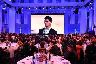 MADRID, SPAIN - APRIL 20: Lando Norris accepts the Laureus World Breakthrough of the Year award via video message during the Laureus World Sports Awards on April 20,2026 in Madrid, Spain. (Photo by Borja B. Hojas/Getty Images for Laureus)