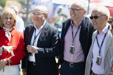 JEREZ DE LA FRONTERA, SPAIN - APRIL 26: (L-R) Carmelo Ezpeleta of Spain and Dorna CEO , Stefano Domenicali of Italy and Formula1 CEO and Derek Chang and Liberty Media owner pose on the grid during the MotoGP race during the MotoGP of Spain - Race during the MotoGP of Spain at Circuito de Jerez on April 26, 2026 in Jerez de la Frontera, Spain. (Photo by Mirco Lazzari gp/Getty Images)