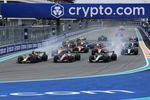 MIAMI, FLORIDA - MAY 03: Max Verstappen of the Netherlands driving the (3) Oracle Red Bull Racing RB22 Red Bull Ford Charles Leclerc of Monaco driving the (16) Scuderia Ferrari SF-26 and Andrea Kimi Antonelli of Italy driving the (12) Mercedes AMG Petronas F1 Team W17 lead the field at the start during the F1 Grand Prix of Miami at Miami International Autodrome on May 03, 2026 in Miami, Florida. (Photo by Mark Thompson/Getty Images)