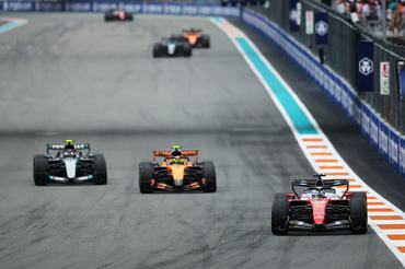 MIAMI, FLORIDA - MAY 03: Charles Leclerc of Monaco driving the (16) Scuderia Ferrari SF-26 leads Lando Norris of Great Britain driving the (1) McLaren MCL40 Mercedes and Andrea Kimi Antonelli of Italy driving the (12) Mercedes AMG Petronas F1 Team W17 on track during the F1 Grand Prix of Miami at Miami International Autodrome on May 03, 2026 in Miami, Florida. (Photo by Hector Vivas - Formula 1/Formula 1 via Getty Images)