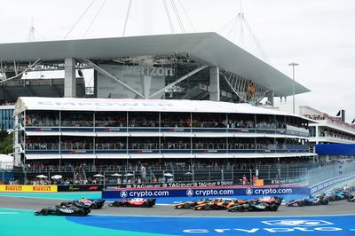 MIAMI, FLORIDA - MAY 03: Max Verstappen of the Netherlands driving the (3) Oracle Red Bull Racing RB22 Red Bull Ford leads Andrea Kimi Antonelli of Italy driving the (12) Mercedes AMG Petronas F1 Team W17 Charles Leclerc of Monaco driving the (16) Scuderia Ferrari SF-26 and the rest of the field at the start during the F1 Grand Prix of Miami at Miami International Autodrome on May 03, 2026 in Miami, Florida. (Photo by Hector Vivas - Formula 1/Formula 1 via Getty Images)