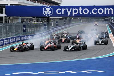 MIAMI, FLORIDA - MAY 03: Max Verstappen of the Netherlands driving the (3) Oracle Red Bull Racing RB22 Red Bull Ford Andrea Kimi Antonelli of Italy driving the (12) Mercedes AMG Petronas F1 Team W17 and Charles Leclerc of Monaco driving the (16) Scuderia Ferrari SF-26 lead at the start during the F1 Grand Prix of Miami at Miami International Autodrome on May 03, 2026 in Miami, Florida. (Photo by Mark Thompson/Getty Images)