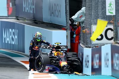 MIAMI, FLORIDA - MAY 03: Isack Hadjar of France and Oracle Red Bull Racing climbs out of his car after a crash during the F1 Grand Prix of Miami at Miami International Autodrome on May 03, 2026 in Miami, Florida. (Photo by Clive Mason/Getty Images)