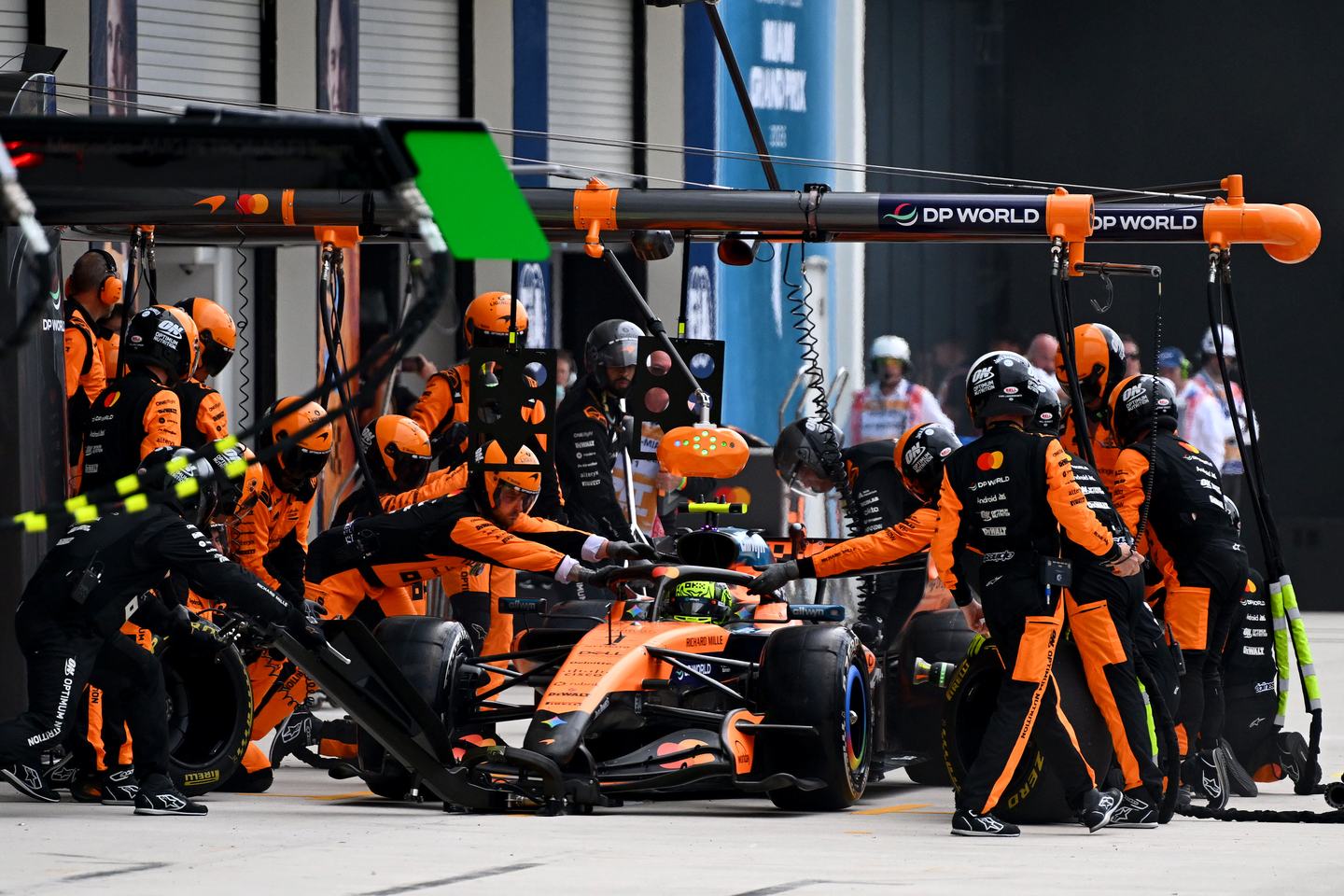 MIAMI, FLORIDA - MAY 03: Lando Norris of Great Britain driving the (1) McLaren MCL40 Mercedes makes a pitstop during the F1 Grand Prix of Miami at Miami International Autodrome on May 03, 2026 in Miami, Florida. (Photo by Mark Sutton - Formula 1/Formula 1 via Getty Images)