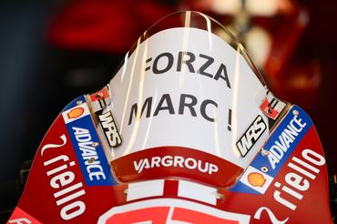LE MANS, FRANCE - MAY 10: Marc Marquez Lenovo Ducati in the garage after being withdrawn from the Grand Prix due to injury during the MotoGP of France at Circuit Bugatti on May 10, 2026 in Le Mans, France. (Photo by Gold & Goose Photography/Getty Images)