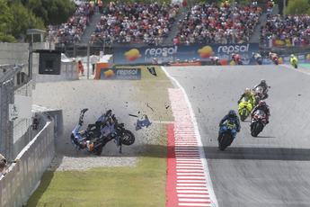 BARCELONA, SPAIN - MAY 17: Alex Marquez of Spain riding the BK8 Gresini Racing Ducati (73) crashes out of the race after hitting the back of Pedro Acosta during the MotoGP of Catalonia at Circuit de Barcelona-Catalunya on May 17, 2026 in Barcelona, Spain. (Photo by Gold & Goose Photography/Getty Images)