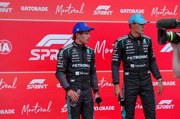 George Russell of the United Kingdom drives the (63) Mercedes-AMG Petronas F1 Team W17 E Performance Mercedes and Andrea Kimi Antonelli of Italy drives the (12) Mercedes-AMG Petronas F1 Team W17 E Performance Mercedes during the Formula 1 Lenovo Grand Prix Du Canada in Montreal, Canada, on May 23, 2026. (Photo by Stefano Facchin/Alessio Morgese/NurPhoto via Getty Images)