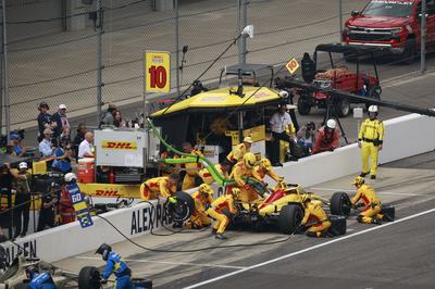 INDIANAPOLIS, INDIANA - MAY 24: #10: Alex Palou, Chip Ganassi Racing Honda makes a pit stop during the NTT INDYCAR Series of the 110th Running of the Indianapolis 500 on May 24, 2026 in Indianapolis, Indiana. (Photo by Michael L. Levitt/Lumen via Getty Images)