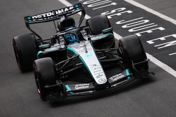 MONTREAL, QUEBEC - MAY 23: George Russell of Great Britain driving the (63) Mercedes AMG Petronas F1 Team W17 in the Pitlane during qualifying ahead of the F1 Grand Prix of Canada at Circuit Gilles-Villeneuve on May 23, 2026 in Montreal, Quebec. (Photo by Sam Bloxham/LAT Images)