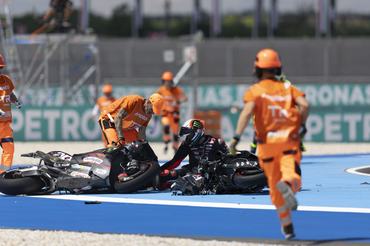 Number 72 Aprilia Racing rider Marco Bezzecchi and Number 89 Aprilia Racing rider Jorge Martin crash during the race at the 2026 Grand Prix of Hungary. (Photo by Stephen Blackberry/NurPhoto via Getty Images)