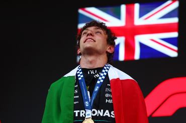 MONTE-CARLO, MONACO - JUNE 07: Race winner Andrea Kimi Antonelli of Italy and Mercedes AMG Petronas F1 Team celebrates on the podium during the F1 Grand Prix of Monaco at Circuit de Monaco on June 07, 2026 in Monte-Carlo, Monaco. (Photo by Joe Portlock/Getty Images)