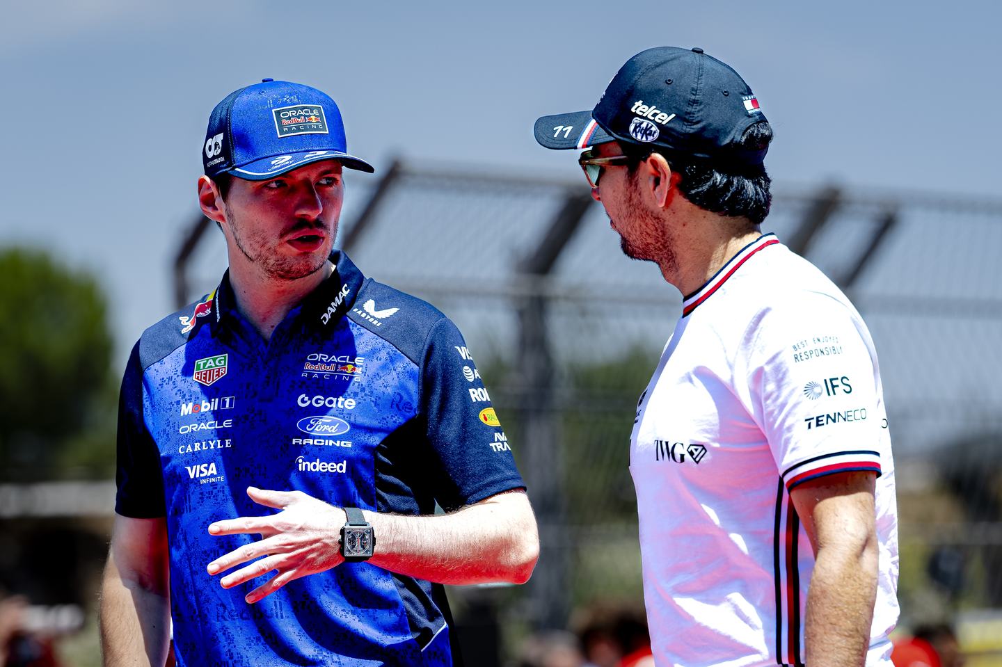 Formula 1 drivers Max Verstappen of Oracle Red Bull Racing and Sergio Perez of Cadillac Formula 1 Team during the Formula 1 Spain-Catalonia at the Circuit de Barcelona-Catalunya in Barcelona, Spain, on June 14, 2026. (Photo by Marcel van Dorst/EYE4IMAGES/NurPhoto via Getty Images)