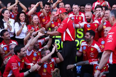 Lewis Hamilton of Ferrari celebrates with the team after the Formula 1 Barcelona-Catalunya Grand Prix at Circuit de Barcelona-Catalunya in Barcelona on June 14, 2026. (Photo by Jakub Porzycki/NurPhoto via Getty Images)