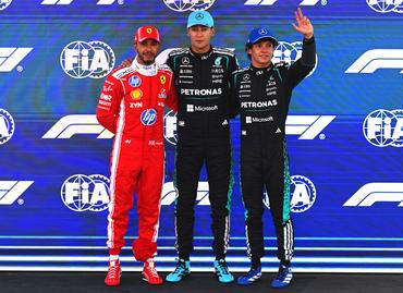 BARCELONA, SPAIN - JUNE 13: Pole position qualifier George Russell of Great Britain and Mercedes AMG Petronas F1 Team Second placed qualifier Lewis Hamilton of Great Britain and Scuderia Ferrari and Third placed qualifier Andrea Kimi Antonelli of Italy and Mercedes AMG Petronas F1 Team look on during qualifying ahead of the F1 Grand Prix of Barcelona-Catalunya at Circuit de Barcelona-Catalunya on June 13, 2026 in Barcelona, Spain. (Photo by Rudy Carezzevoli/Getty Images)