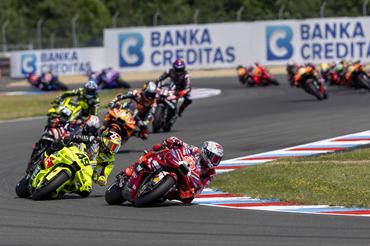 Number 93 Ducati Lenovo Team rider Marc Marquez and Number 49 Pertamina Enduro VR46 Racing rider Fabio Di Giannantonio compete during the sprint race at the 2026 MotoGP Grand Prix of Czechia. (Photo by Stephen Blackberry/NurPhoto via Getty Images)