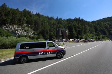 27 June 2026, Austria, Reutte: A police car is parked on the closed B179 Fernpass Road during a rally. Photo: Karl-Josef Hildenbrand/dpa (Photo by Karl-Josef Hildenbrand/picture alliance via Getty Images)
