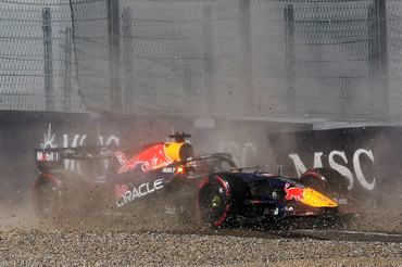 SPIELBERG, AUSTRIA - JUNE 27: Max Verstappen of the Netherlands driving the (3) Oracle Red Bull Racing RB22 Red Bull Ford crashes during qualifying ahead of the F1 Grand Prix of Austria at Red Bull Ring on June 27, 2026 in Spielberg, Austria. (Photo by Clive Rose/Getty Images)