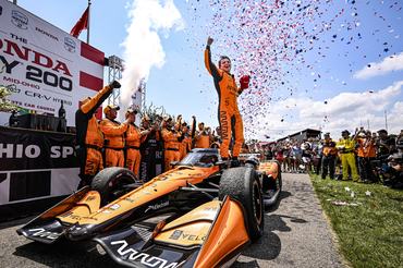 LEXINGTON, OHIO - JULY 5: #5: Pato O'Ward, Arrow McLaren Chevrolet, Podium, Celebration during the NTT INDYCAR Series Honda INDY 200 at Mid-Ohio Sports Car Course on July 5, 2026 in Lexington, Ohio. (Photo by Brandon Badraoui/Lumen via Getty Images)